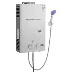 Tankløs gasvandvarmer - LPG - 12 L - 24 kW - 2800 Pa - Åbent aftræk med automatisk røggasafgang - Elektrisk pulstænding 2×1,5 V - 34×16×59 cm