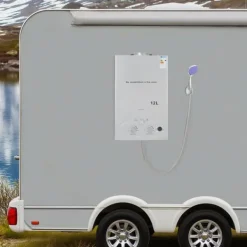 Tankløs gasvandvarmer - LPG - 12 L - 24 kW - 2800 Pa - Åbent aftræk med automatisk røggasafgang - Elektrisk pulstænding 2×1,5 V - 34×16×59 cm