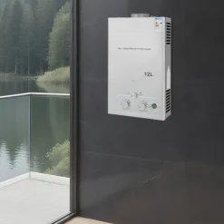Tankløs gasvandvarmer - LPG - 12 L - 24 kW - 2800 Pa - Åbent aftræk med automatisk røggasafgang - Elektrisk pulstænding 2×1,5 V - 34×16×59 cm