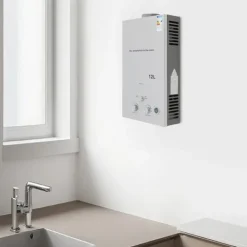 Tankløs gasvandvarmer - LPG - 12 L - 24 kW - 2800 Pa - Åbent aftræk med automatisk røggasafgang - Elektrisk pulstænding 2×1,5 V - 34×16×59 cm