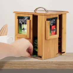 Teaboks, Drejelig bambus, 20,5x18x18 cm, Brun Hot
