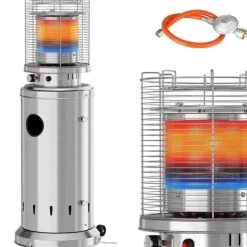 Terrassevarmere>Terrassevarmer - Gas JN-B-XX - 6,5 kW - Rækkevidde 3,5 m - Sikkerhedsstop & væltesikring - Med hjul - Mål 46×46×125 cm - Sølv
