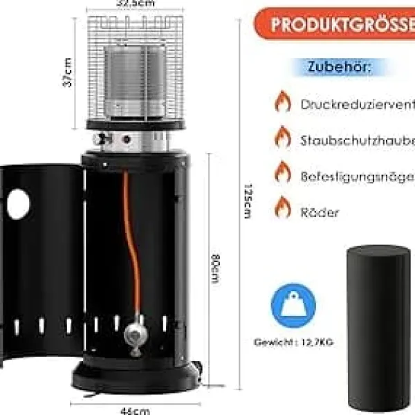 Terrassevarmer - Gasvarmer - Effekt 6,5 kW - Sikkerhedsafbryder & Væltesikring - Varmeradius 3,5 m - Med hjul - Højde 125 cm - Stål & rustfrit stål Outlet