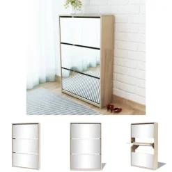 Tøj- & Garderobeopbevaring>The Living Store skoskab med tre hylder og spejl 63x17x102,5 cm egetræsfarvet - Skoopbevaring