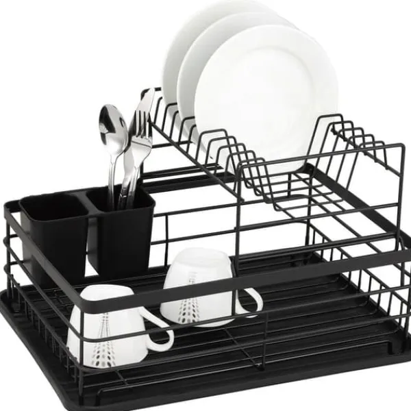 Opvaskestativer & Tørrestativer>To etagers sort tallerkentørrestativ Afløb 43x32x27cm KINGHOFF KH-1716