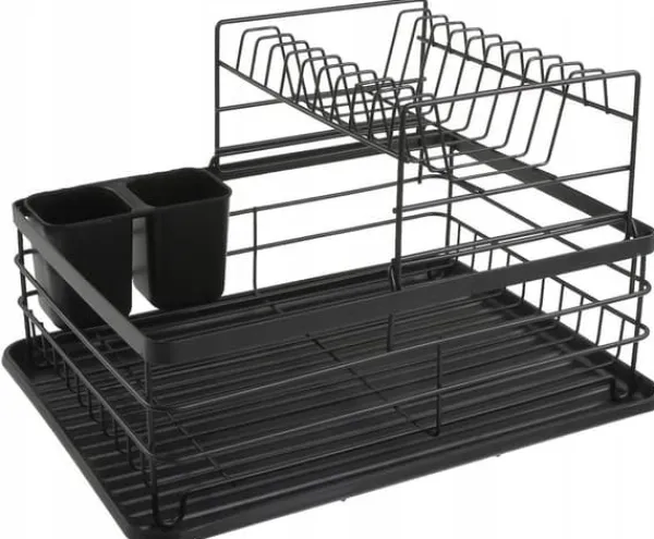 Opvaskestativer & Tørrestativer>To etagers sort tallerkentørrestativ Afløb 43x32x27cm KINGHOFF KH-1716