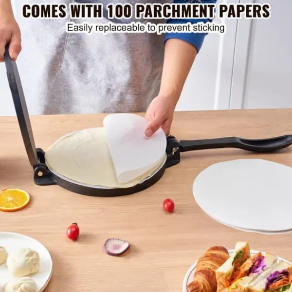 Brødristere, Raclettegrills Og Sandwichtoastere>Tortilla Presse, 8 tommer, Støbejerns Heavy Duty Tortilladora, Forberedt Pataconera med 100 stk pergamentpapir til Mel Tortilla.