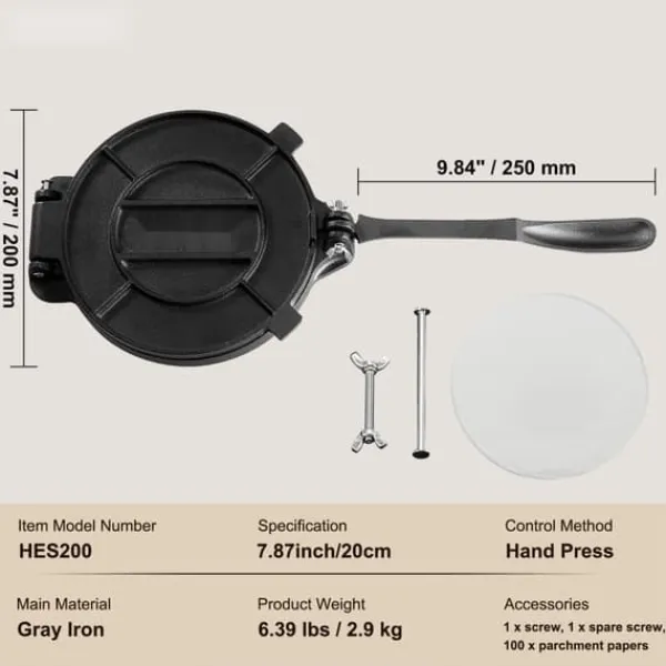 Brødristere, Raclettegrills Og Sandwichtoastere>Tortilla Presse, 8 tommer, Støbejerns Heavy Duty Tortilladora, Forberedt Pataconera med 100 stk pergamentpapir til Mel Tortilla.