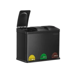 Affaldssorteringsspande>Tredobbelt køkkenspand, genbrugsspand, pedal, metalskraldespand, 45 L, affaldssorteringssystem køkkenspand, 3 x 15 L, med låg, stål, sort
