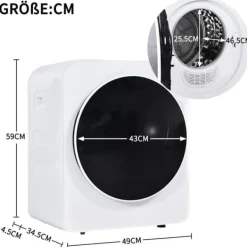 Tørretumbler, rustfrit stål, 3 kg, 830 W, 5 programmer, tredobbelt filter, overophedningsbeskyttelse, vægmonterbar, hvid New