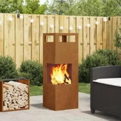 Terrassevarmere>Udendørs Bålsted i Forvitret Stål - Ildkurv 35x35x100 cm | Farve: Brun