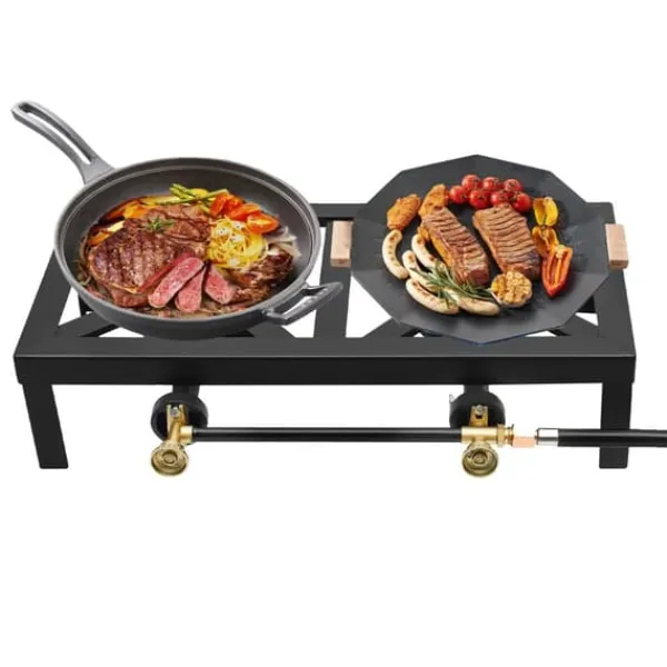 Portable Komfurer>Udendørs Gasblus, Bærbar Dobbeltbrænder, Justerbar Regulator,sort