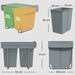 Affaldssorteringsspande>Udtræksbeholder, 2 x 20 liter, aftagelige beholdere, plastik, metal, grå