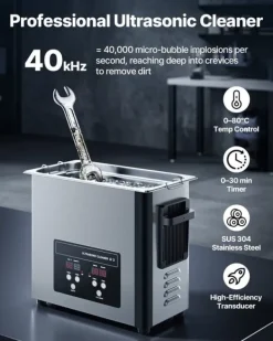 Ultralydsrenser>Ultralydsrenser - Professionel Ultralydsrensemaskine - 6 L - 40 kHz - 120 W - Digitalt Display - Med Rengøringskurv - Smykker Og Ure