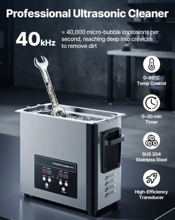 Ultralydsrenser>Ultralydsrenser - Professionel Ultralydsrensemaskine - 6 L - 40 kHz - 120 W - Digitalt Display - Med Rengøringskurv - Smykker Og Ure