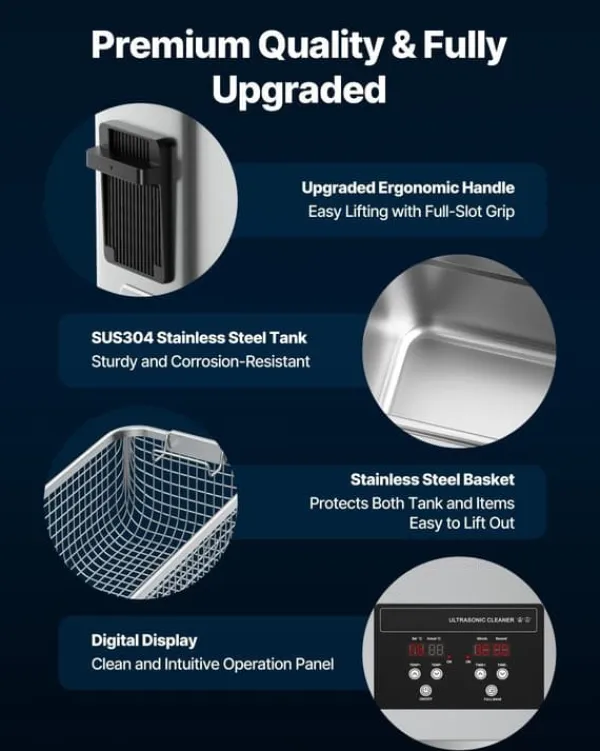 Ultralydsrenser>Ultralydsrenser - Professionel Ultralydsrensemaskine - 6 L - 40 kHz - 120 W - Digitalt Display - Med Rengøringskurv - Smykker Og Ure