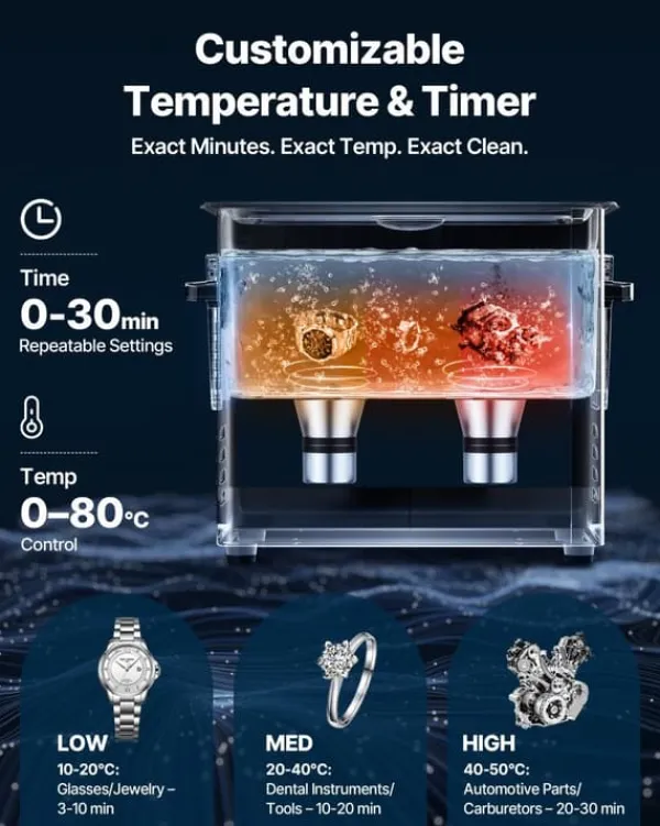 Ultralydsrenser>Ultralydsrenser - Professionel Ultralydsrensemaskine - 6 L - 40 kHz - 120 W - Digitalt Display - Med Rengøringskurv - Smykker Og Ure