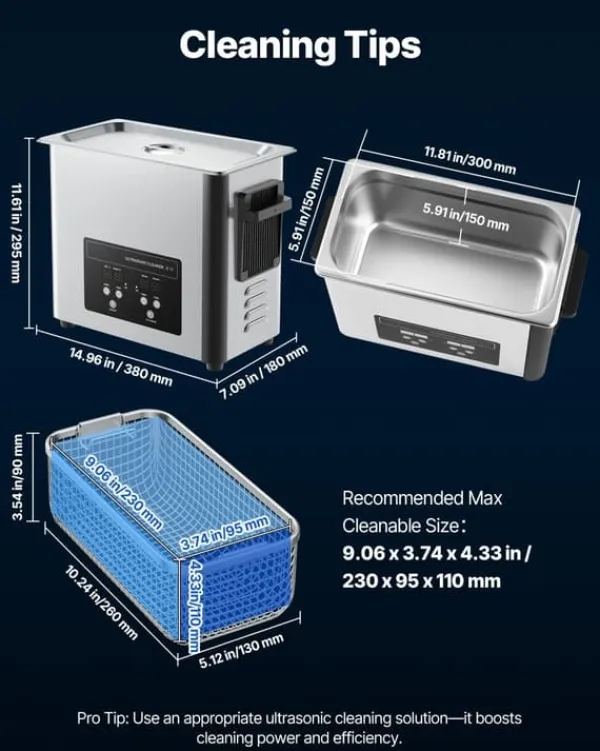 Ultralydsrenser>Ultralydsrenser - Professionel Ultralydsrensemaskine - 6 L - 40 kHz - 120 W - Digitalt Display - Med Rengøringskurv - Smykker Og Ure