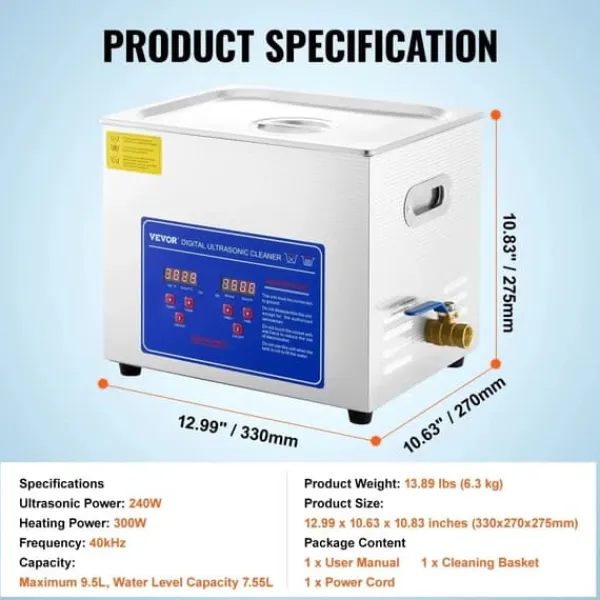 Ultralydsrenser, Digitalt Betjeningspanel, Rustfrit Stål Tank,10L Clearance
