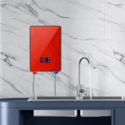 Vandvarmer - Vægmonteret gennemstrømsvarmer - 6500 W 220 V - Øjeblikkeligt varmt vand - Håndbruser - Til køkken - Rød Clearance