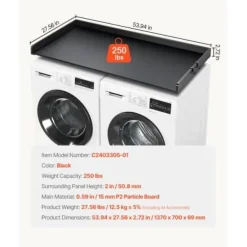 Vaskemaskine-tørretumbler bordplade, 137x70x6,9 cm, sort, vandafvisende opbevaring Hot