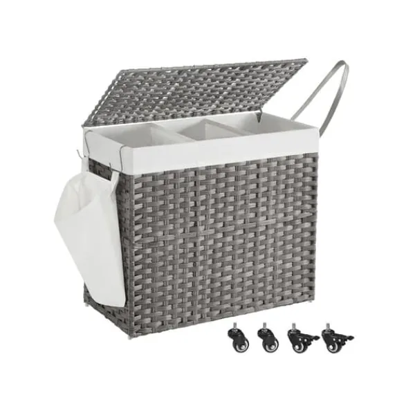 Vasketøjskurv med låg, 160 L, vasketøjskurv, 3 rum, vasketøjssortering med hjul, rottinglook, vasketøjspose, aftagelig, til vaskerum, 70 x 36 x 66 cm | CDON Sale
