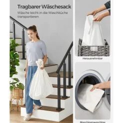 Vasketøjskurv med låg, 160 L, vasketøjskurv, 3 rum, vasketøjssortering med hjul, rottinglook, vasketøjspose, aftagelig, til vaskerum, 70 x 36 x 66 cm | CDON Sale