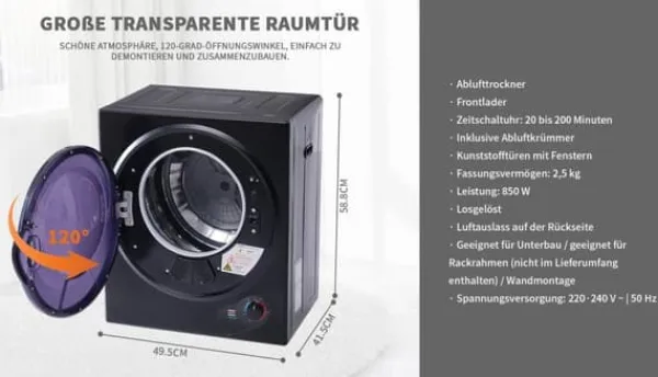 Væghængt tørretumbler 2,5 kg, 200 min timer, dobbeltfilter, PTC-keramik, rustfri, 65°C