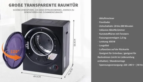 Væghængt tørretumbler 2,5 kg, 200 min timer, dobbeltfilter, PTC-keramik, rustfri, 65°C