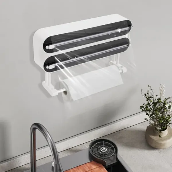 Vægmonteret Dispenser - 3‑i‑1 Rulleholder - Alufolie- og Plastfilm-dispenser - Køkkenrulleholder - 2 Kroge - ≤15×28,5 cm - ABS + Aluminium - Bronze New