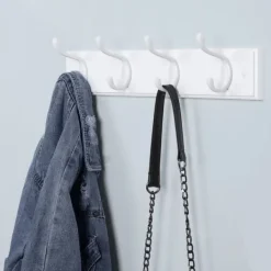 Vægmonteret knagerække med 4 metalkroge, vægknagerække i træ til soveværelse, entré, badeværelse, hvid New