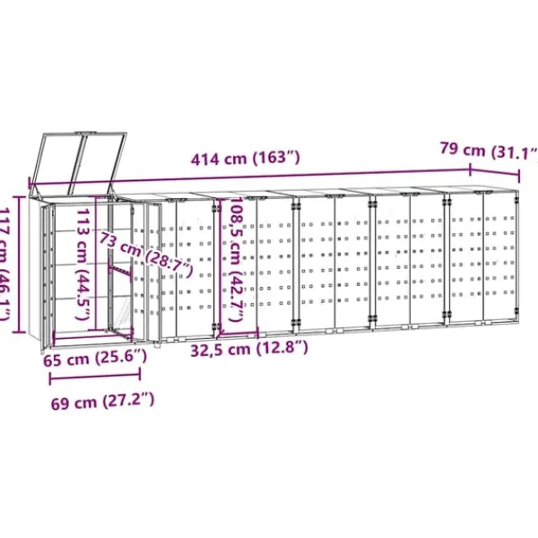 vidaXL Tilbehør Til Affaldshåndtering>skraldespandsskjuler 414x79x117 cm 6 rum stål grå