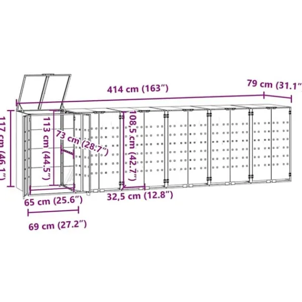 vidaXL skraldespandsskjuler 414x79x117 cm 6 rum stål sort Hot