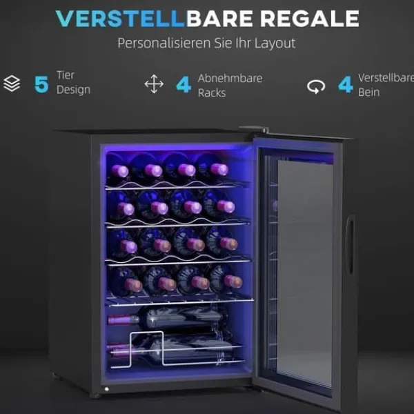 Vinkøleskabe>Vinkøleskab 20 flasker 53 L, 5–18 °C, kompressor, anti-UV glasdør, LED, sort