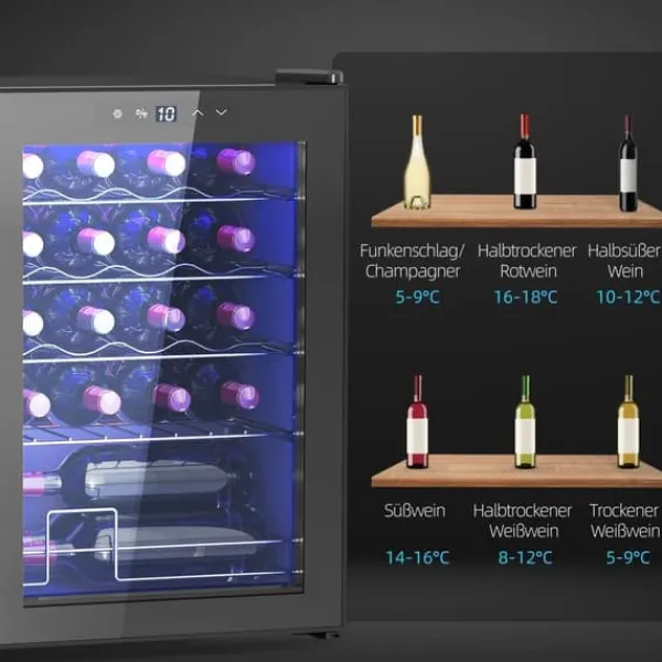 Vinkøleskabe>Vinkøleskab 20 flasker 53 L, 5–18 °C, kompressor, anti-UV glasdør, LED, sort