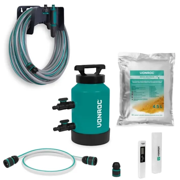Vonroc DI Vandfilter & 20m Haveslange | Spotfri Rengøring | Inkl. 4,5L Resin & Digital TDS-Måler | Til Vinduer, Biler & Solpaneler | Inkl. Tilbehør