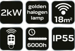 Terrassevarmere>2000W radiator, IP55, gylden halogenpære varmeelement, fjernbetjening, 2-trins effektjustering