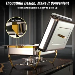 Warmounts rektangulære guldfarvede varmeskåle buffetsæt med 4, 7,6 l hver, madvarmere i rustfrit stål med indsatser i flere størrelser, foldbar ramme | CDON Online