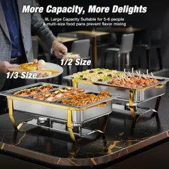 Madopvarmere>Warmounts rektangulære guldfarvede varmeskåle buffetsæt med 2, 7,6 l hver, madvarmere i rustfrit stål med indsatser i flere størrelser, foldbar ramme | CDON