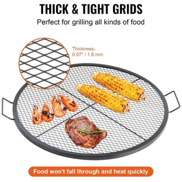 Griller>X-Marks bålplads grillrist, 36" rund madlavning, robust stål med håndtag, perfekt til camping og udendørs fest.