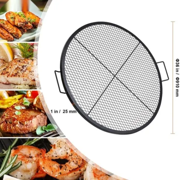 Griller>X-Marks bålplads grillrist, 36" rund madlavning, robust stål med håndtag, perfekt til camping og udendørs fest.